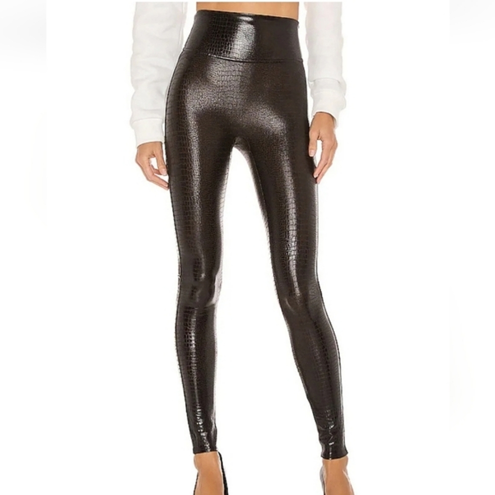 Spanx Faux Crocodile Glossy Brown Black Shine Leggings Moto Snakeskin Pants XL